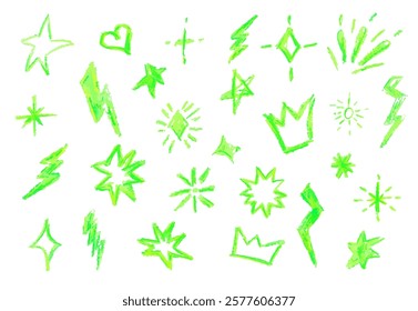 Crayon firecracker stars heart and crown in acid green color. Collection of rock n roll design elements. Grunge texture punk and grafitty symbols. Cartoon charcoal handdrawn icons. Vector illustration