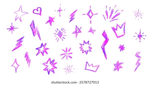 Crayon firecracker stars heart and crown in acid pink color. Collection of rock n roll design elements. Grunge texture punk and grafitty symbols. Cartoon charcoal handdrawn icons. Vector illustration