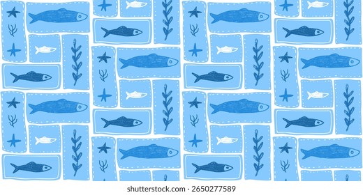 Crayon peixe azul sem emenda padrão. Sardinhas mão desenhado bento grade infinito fundo. Tampa de repetição náutica. Ornamento contínuo do mar. Motivo de algas marinhas de design de padrão de superfície. Ilustração vetorial.