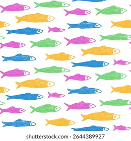 Crayon peixe cor padrão sem costura. Sardinhas mão desenhado fundo sem fim. Tampa de repetição náutica. Ornamento contínuo do mar. Motivo de água de projeto de padrão de superfície. Ilustração de crianças vetoriais.