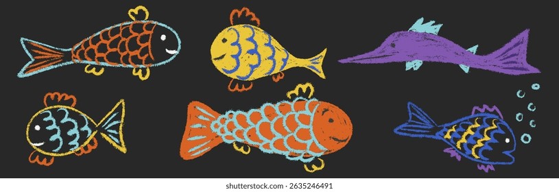 Crayon fish. Kids chalk drawings set. Collection freehand child baby hand drawn scribble sea water animals. Childish cute vector illustration isolated on black background