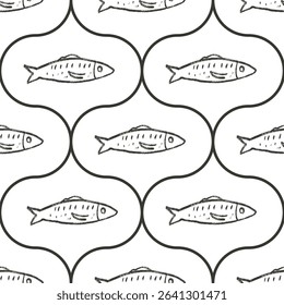 Crayon fish ogee seamless pattern. Sardines hand drawn endless background. Nautical damask repeat cover. Sea continuous ornament. Surface pattern design monochrome water motif. Vector illustration.