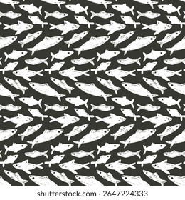 Crayon fish school monochrome seamless pattern. Sardines hand drawn black and white endless background. Nautical repeat cover. Surface pattern design water motif. Vector illustration.
