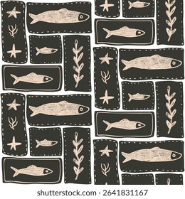 Crayon fish seamless pattern. Sardines hand drawn bento grid endless background. Nautical repeat cover. Sea patchwork continuous ornament. Surface pattern design seaweeds motif. Vector illustration.