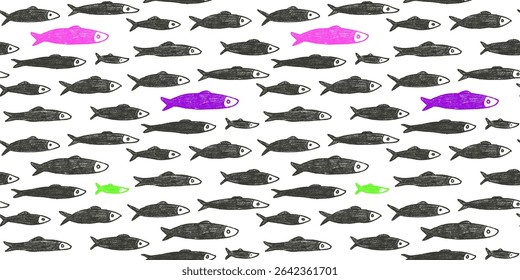 Crayón de pescado sin patrón. Sardinas dibujadas a mano de fondo sin fin. Tapa de repetición náutica. Ornamento continuo simple del mar. Motivo del agua del diseño del patrón superficial. Ilustración vectorial.