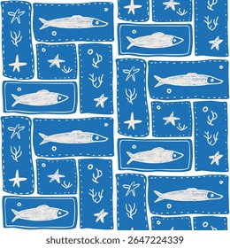 Crayon peixe sem emenda padrão. Sardinhas mão desenhado bento grade infinito fundo. Tampa de repetição náutica. Ornamento contínuo de mantas de retalhos marinhas. Motivo de algas marinhas de design de padrão de superfície. Ilustração vetorial.