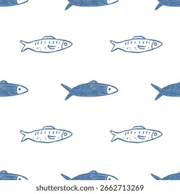 Crayon peixe sem emenda padrão. Sardinhas mão desenhado fundo sem fim. Tampa de repetição náutica. Ornamento contínuo do mar. Motivo de água de projeto de padrão de superfície. Ilustração simples de vetor.