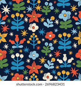 Crayon Floral Seamless Pattern. Bright Chalk Flowers, Berries and Branches on Black Background. Folk Art Ornament handmade. Textured Hand-Drawn Doodle. Square Vector illustration. Not AI