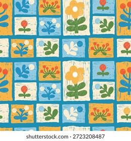 Buntstifte florales nahtloses Muster. Volkskunst Patchwork Ornament. Geometrische Fliesen mit Blume, pflanzliche primitive Elemente mit rustikaler Wirkung. Texturierte Handzeichnung. Moderne trendige Vektorgrafik. Keine AI