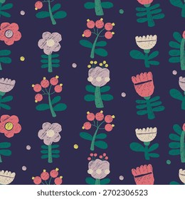 Crayon Floral Seamless Pattern. Hand-Drawn Ornament with Flowers and Berries on dark background. Textured Template Primitive Drawing doodle. Vector illustration. Not AI