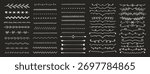 Crayon flourish, dividers. Set of doodle chalk decorative marks, lines, underline, strikethrough, arrows, twigs with leaves. Hand drawn symbols. White pencil drawings on black bg. Vector illustration