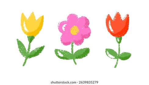 Crayon Flower Doodle in Child Chalk Style. Hand-Drawn Spring Summer Illustration with Pastel Texture. Fun and Childish Element Perfect for School Designs, Cute Kid-Themed Projects.