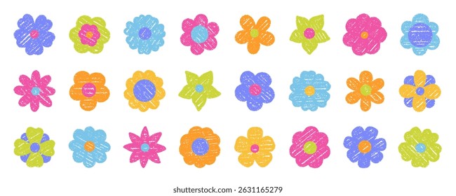 Crayon flower doodle set. Kids spring chalk pencil elements in sketch style. Hand drawn vector illustration isolated on white background.