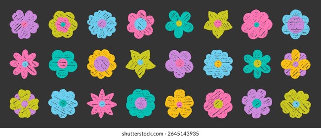 Crayon flower doodle set. Kids spring chalk pencil elements in sketch style. Hand drawn vector illustration isolated on black background.