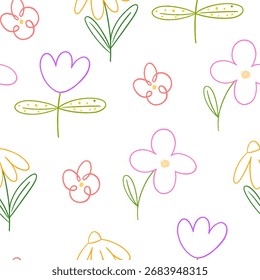 Crayon flower seamless pattern. Childish spring floral background. Kid chalk hand drawn with plant grass, spring flowers. Color pencil drawings background with blooms. Vector scribble doodle wallpaper