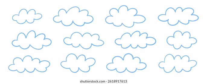 Crayon fluffy clouds set. Blue hand drawn cumulus. Textured outline shapes in children's style. Chalk pastel doodles of weather elements, kid drawings. Sky vector illustration