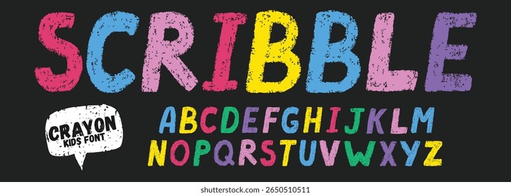 Crayon font with alphabet letter, pencil, color, doodle, school, draw, number, child, pen, type, chalk for educational or playful children’s design