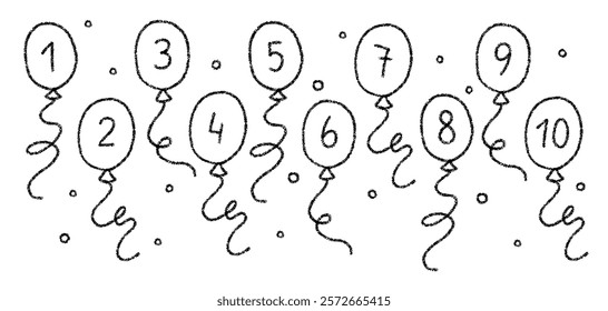 Crayon font with numbers on balloons for birthday or anniversary party. Helium balloons with digits from 1 to 10, ribbons and confetti drawn with charcoal, vector sketch illustration