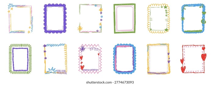Crayon frame childlike hand drawn border set. Kindergarten chalk texture, doodle scribble box, cute for child childish day. 