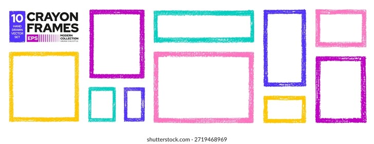 Marco de crayón. Caja dibujada a mano de los niños. Borde cuadrado y rectangular. Patrón de marcos de niños de lápiz, pastel, lápiz. Conjunto de cuadro de doodle de texto de línea o foto. Dibujo de sello de fondo png. Forma irregular del color