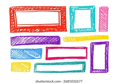 Crayon frame color set. Hand drawn picture, rectangle frame. Art chalk scribbles sign, graphic texture photo. Pencil grungy card for text isolated on white background