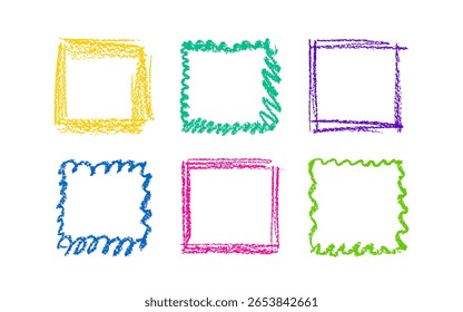 Crayon frame set. Art chalk scribbles, brush border. Vector kids hand drawing picture, graphic photo. Pencil grungy card isolated on transparent backdrop