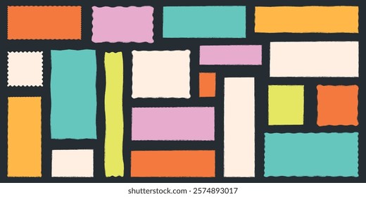 Crayon frame shapes set. Hand drawn color border of wax crayons, childish text box. Kids grunge backgrounds with chalk doodle sketch. Kindergarten collage designs, textbox brush. Vector illustration