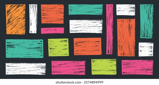 Crayon frame shapes set. Hand drawn color border of wax crayons, childish text box. Kids grunge backgrounds with chalk doodle sketch. Kindergarten collage designs, textbox brush. Vector illustration