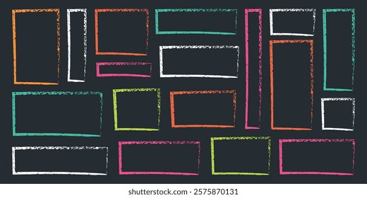 Crayon frame shapes set. Hand drawn color border of wax crayons, childish text box. Kids grunge backgrounds with chalk doodle sketch. Kindergarten collage designs, textbox brush. Vector illustration