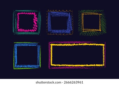 Conjunto de letrero de marco de crayón. Garabatos de tiza de arte, borde de pincel. Vector niños dibujo a mano, foto de textura gráfica. Lápiz grungy tarjeta brillante aislado en el fondo negro