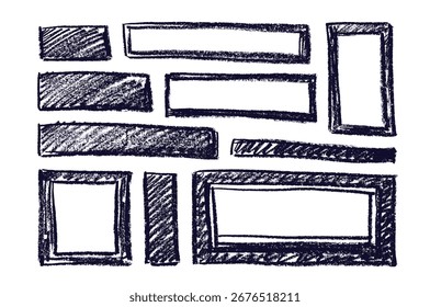 Zeichensatz mit Buntstiftrahmen. Handgezeichneter rechteckiger Rahmen. Kunst Kreide Kritzel Bild, grafische Textur Foto. Bleistift-Grungy-Karte für Text einzeln auf weißem Hintergrund