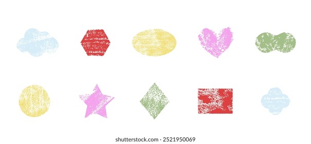 Crayon frame simple border, chalk pastel drawing. Cute geometric shpes, headline, textured title. Doodle childish elements.
