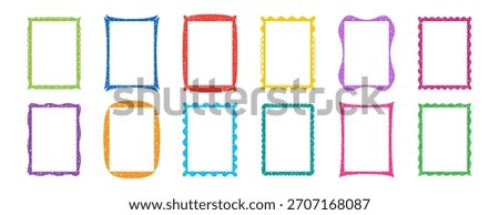 Crayon frame square, color chalk text box hand drawn. Kids pastel doodle rectangle shape, children postage grunge texture set icon isolated on white background. Cartoon geometric vector illustration