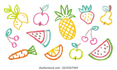 Crayon fruit. Chalk apple strawberry cherry orange pineapple. Sketch line food vector icon. Doodle color kid background. Pastel child drawing. Kid fruit set. Lemon apple cherry bg. Simple summer chalk