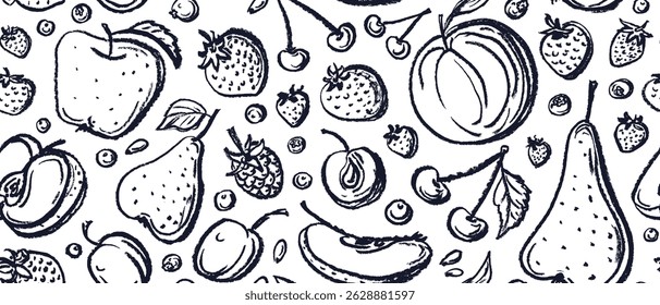 Crayon fruits and berries seamless pattern. Vector doodle chalk backdrop. Summer fresh food. Strawberry, blueberry, apple, art peach. Black abstract silhouette for poster, menu, textile, decor paper