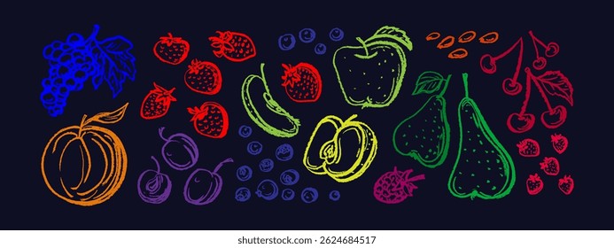 Crayon fruits and berries. Vector chalk collection. Summer fresh food. Strawberry, blueberry, apple, peach, pear isolated on black bg. Color silhouette for poster, design menu, flyers. Simple doodle