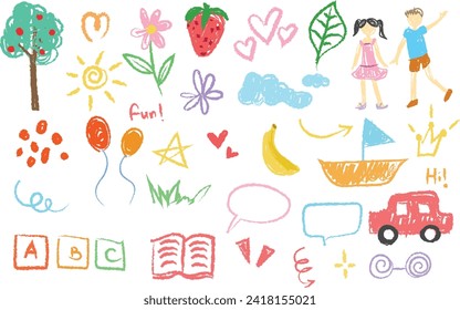 Crayon fun cute kid colorful doodle set badge, scribble line flower, heart. rainbow background. Hand drawn doodle sketch childish element set. Flower, heart, cloud children draw style design elements