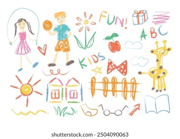 Crayon divertido lindo niño colorido doodle conjunto insignia, garabato línea flor, corazón. fondo de arco iris. Dibujado a mano doodle sketch conjunto de elementos infantiles. Flor, corazón, niños de la nube dibujan Elementos de diseño del estilo