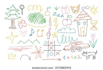 Crayon fun cute kid colorful line art doodle set badge, scribble line flower, background. Hand drawn doodle sketch childish element set. Flower, butterfly, cloud children draw style design elements