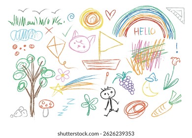 Crayon fun cute kid colorful line art doodle set badge, scribble line flower, background. Hand drawn doodle sketch childish element set. Flower, rainbow, cloud, children draw style design elements