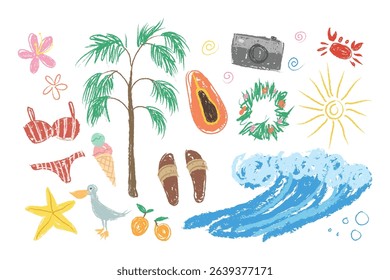 Crayon fun cute kid colorful doodle set badge, scribble line summer element. Vacation background. Hand drawn doodle sketch childish element set. beach summer vibe children draw style design elements