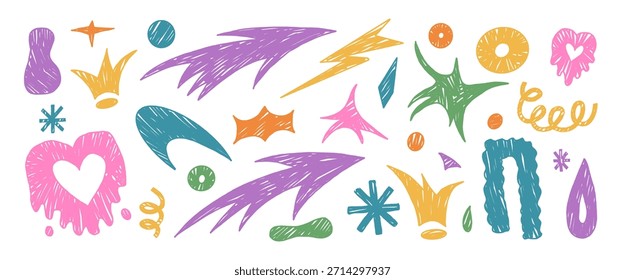 Conjunto de Formas geométricas abstractas funky de crayón. Geometría y figuras de doodle abstractas dibujadas a mano. Pegatinas de collage con corazón pastel, estrellas, flechas Formas. Vector pluma ilustración aislada.