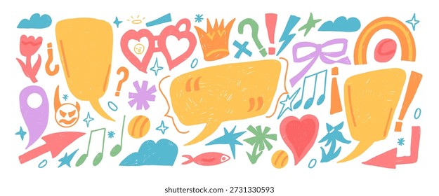 Crayon funky doodles collage cutouts elements set. Speech bubbles with music note, crown, hearts. Callouts text boxes with inverted spanish punctuation mark. Vector naive scribbles isolated no bg.