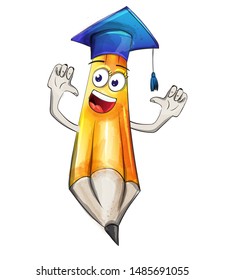 Crayon funny cartoon character Vector watercolor. graduation hat Back to school concept