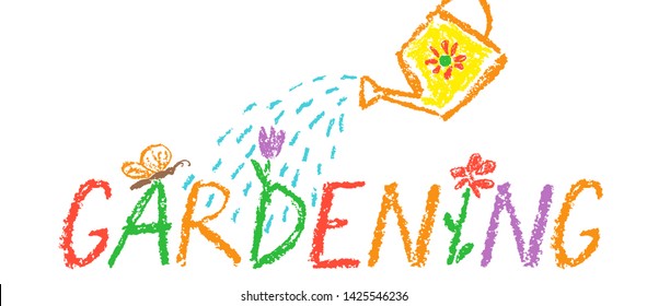 Crayon gardening header border background. Like child hand drawing funny outdoor copy space. Pencil or pastel chalk vector hand lettering font. Drawn flower, watering can shower, plant