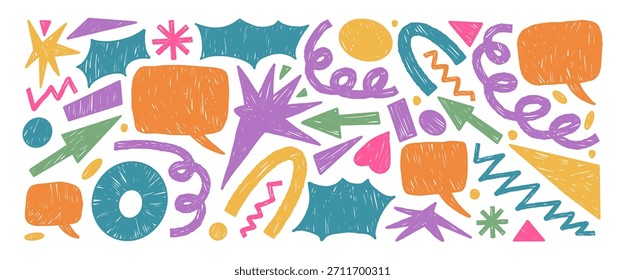 Formas geométricas de crayón con burbujas de discurso. Juguetón bang ingenuo y cuadros de texto promocionales. Elementos abstractos dibujados a mano con pinceladas texturizadas. Figuras de doodle de Vector infantil para diseños creativos.