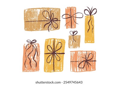 Crayon gift box birthday party set. Present packaging with ribbon bows. Collection of festive elements in doodle scribble style. Vector illustration isolated on white background.