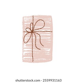 Crayon gift box. Festive chalk drawing present with ribbon. Holiday scribble decor. Rectangle surprise symbol. Vector illustration isolated on white background
