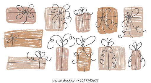 Crayon gift box. Neutral sustainable packaging. Collection of festive presents in doodle scribble style. Vector illustration isolated on white background.