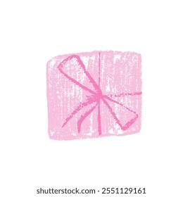 Crayon gift box. Scribble style festive present Chalk drawing holiday decorative packaging. Vector illustration isolated on white background